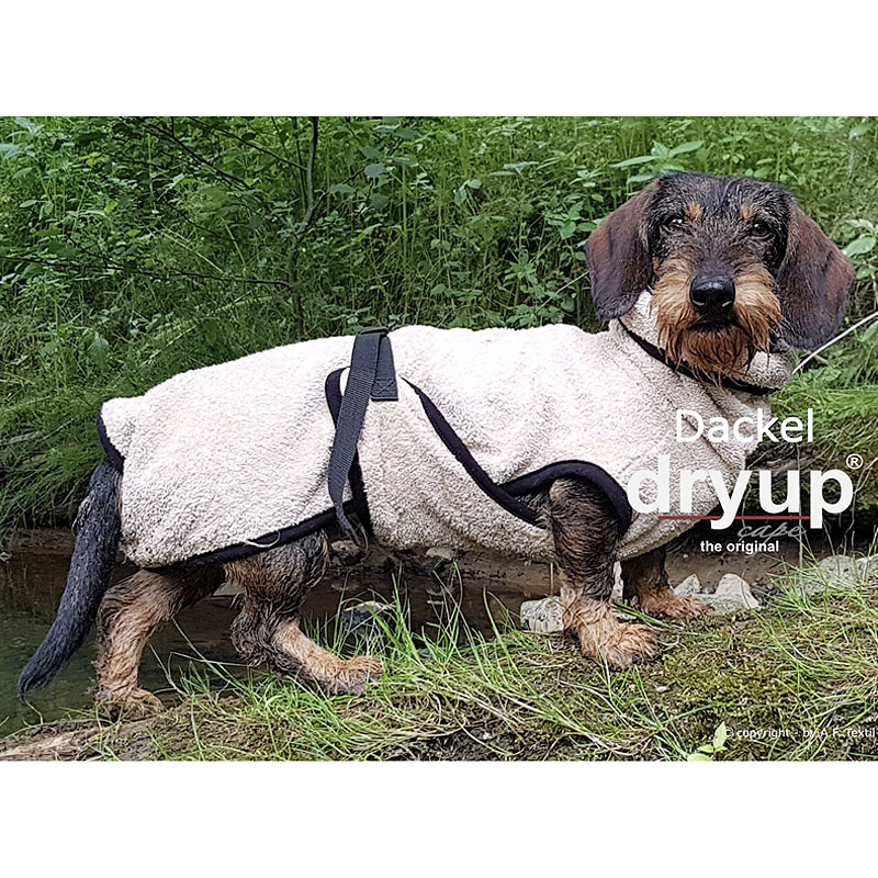 DryUp Trocken Cape Hundebademantel Trockenmantel  für Dackel in sand beige