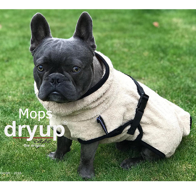 DryUp Trocken Cape Hundebademantel für Mops Bulldogge in sand beige