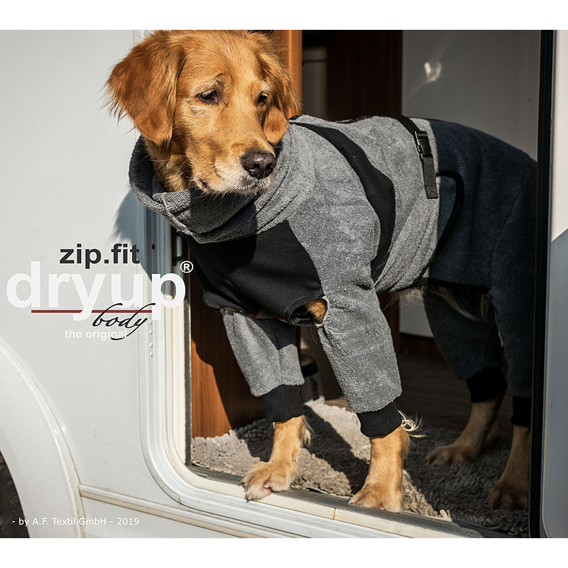 DryUp Body ZIP.FIT Hundebademantel mit Beinen in anthrazit grau L 65cm