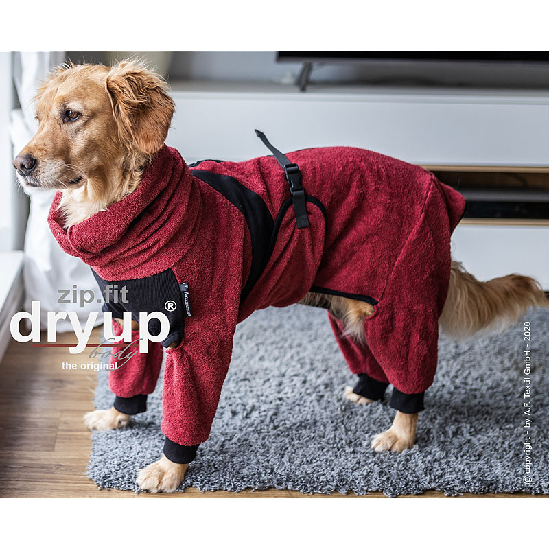 DryUp Body ZIP.FIT Hundebademantel mit Beinen in bordeaux dunkelrot