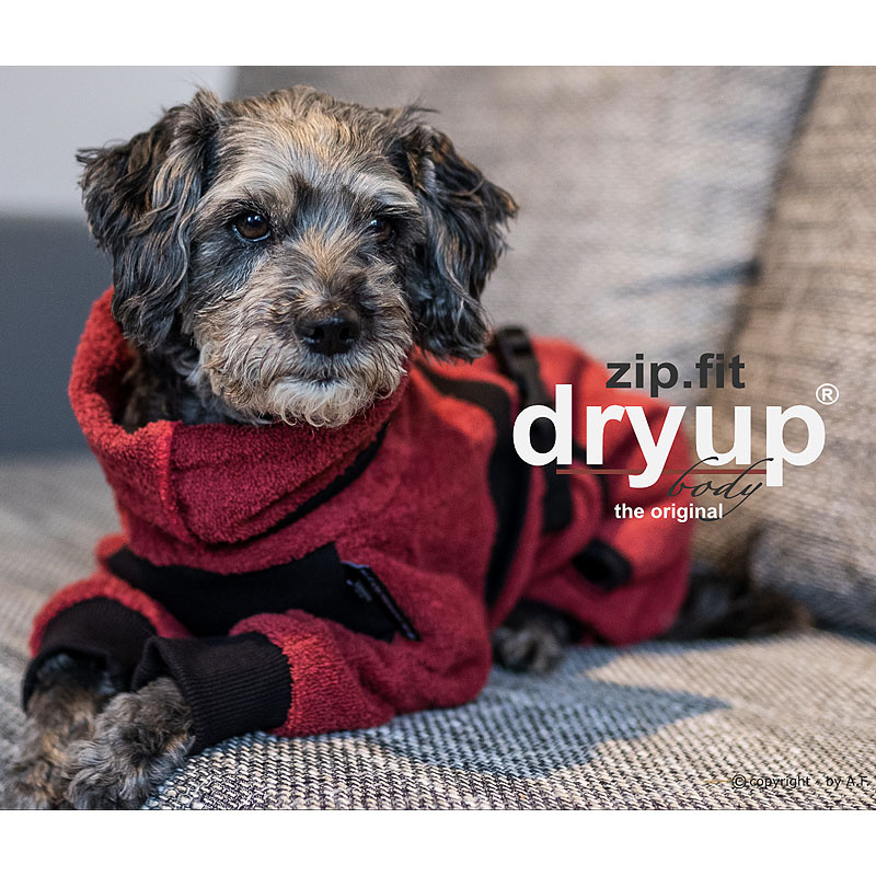 DryUp Body ZIP.FIT Hundebademantel mit Beinen für kleine Hunde in bordeaux dunkelrot