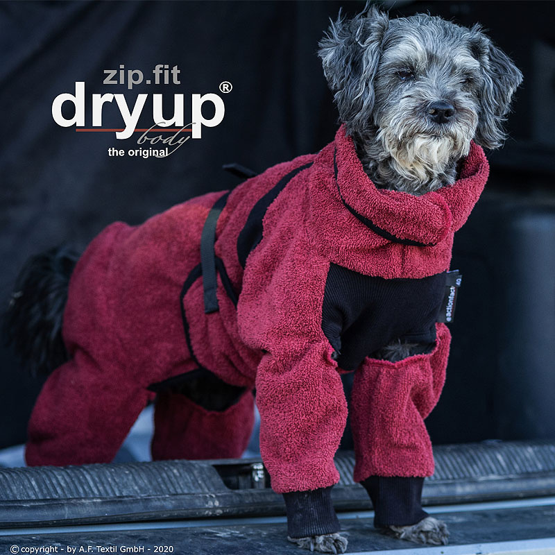 DryUp Body ZIP.FIT Bademantel mit Beinen für kleine Hunde in bordeaux
