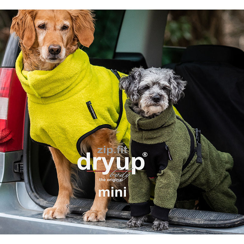 DryUp Body ZIP.FIT Hundebademantel mit Beinen für kleine Hunde in moos grün