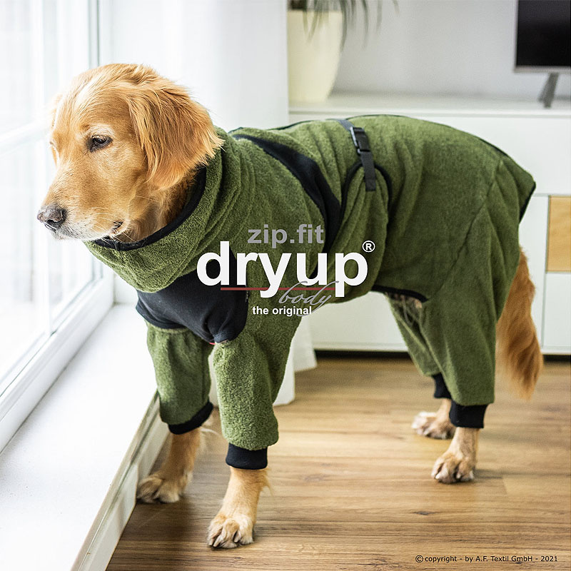 DryUp Body ZIP.FIT Hundebademantel mit Beinen in moos grün