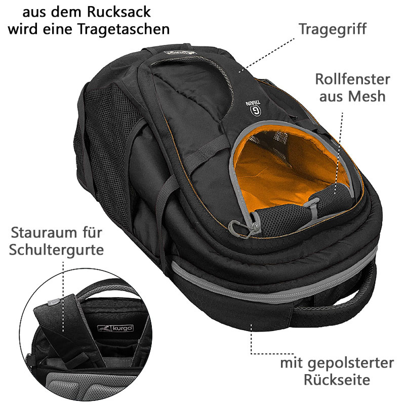 Kurgo K9 G-Train verstärkter Rucksack & Tragetasche für Hunde bis 11kg in schwarz