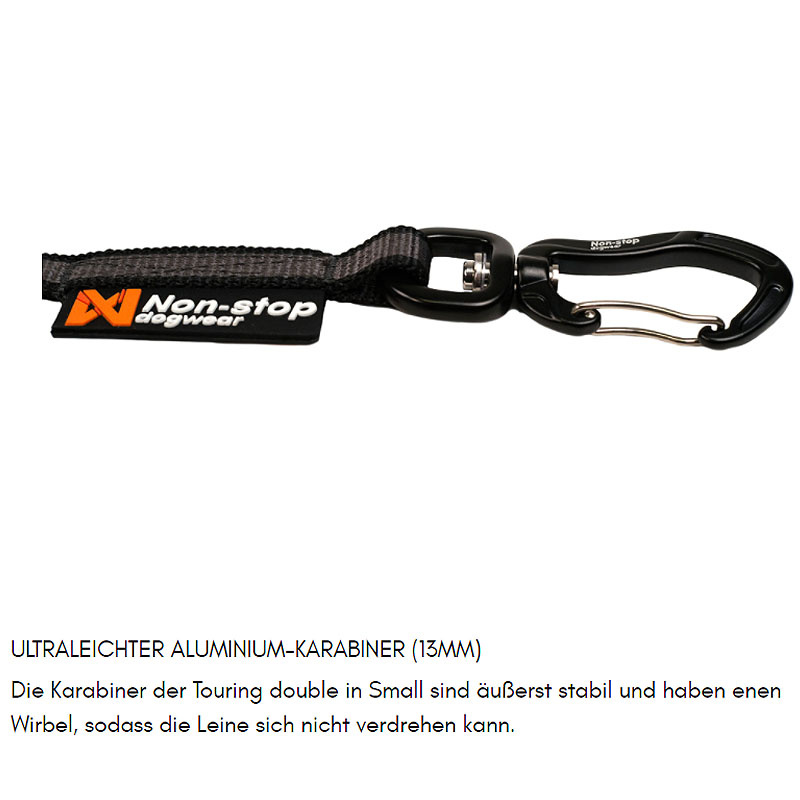 Non-stop dogwear Koppelstück Doppelleine Touring Double in schwarz grau S - 13mm breit