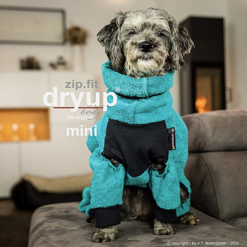 DryUp Body ZIP.FIT Hundebademantel mit Beinen für kleine Hunde in petrol