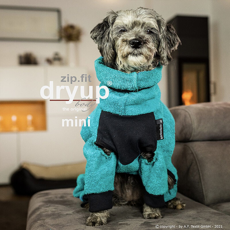 DryUp Body ZIP.FIT Hundebademantel mit Beinen für kleine Hunde in PETROL 35cm