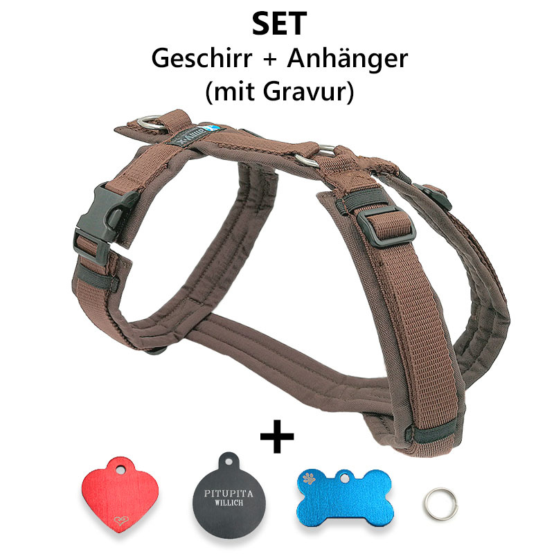 AnnyX Brustgeschirr Fun braun mit Anhänger inkl. Gravur M Knochen schwarz 5K