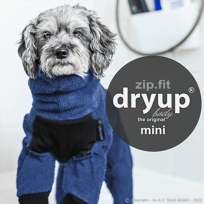 DryUp Body ZIP.FIT Hundebademantel mit Beinen für kleine Hunde in marine blau 35cm