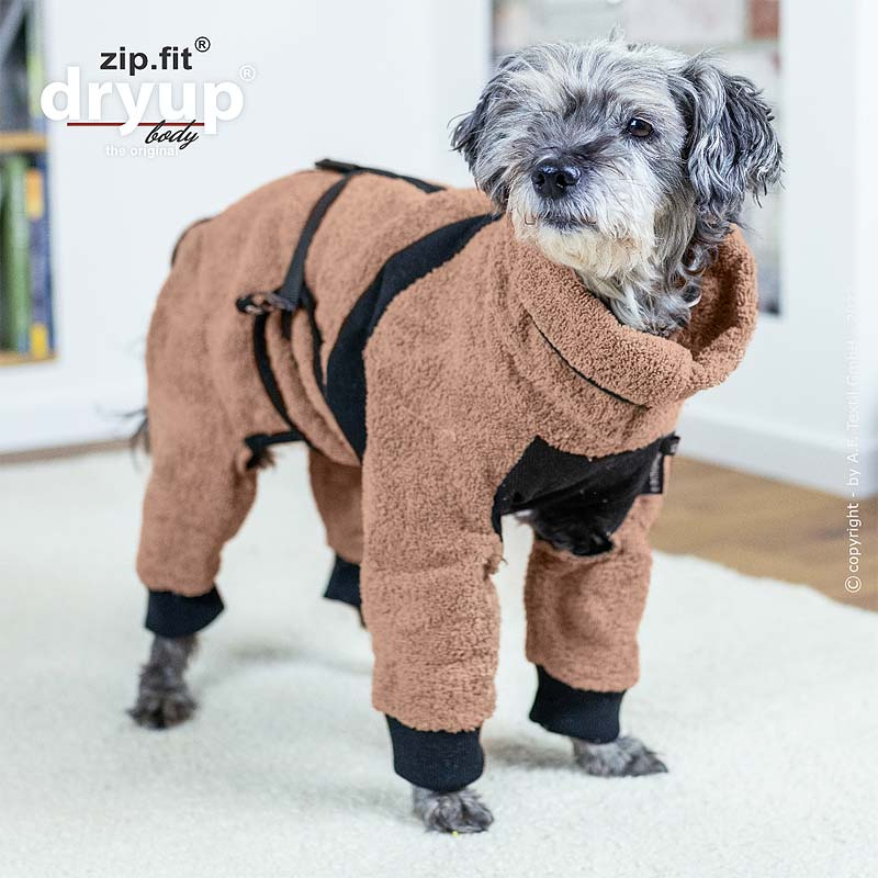 DryUp Body ZIP.FIT Hundebademantel mit Beinen für kleine Hunde in coffee braun 45cm