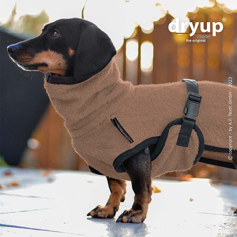 DryUp Trocken Cape Hundebademantel für Dackel in coffee braun 35cm