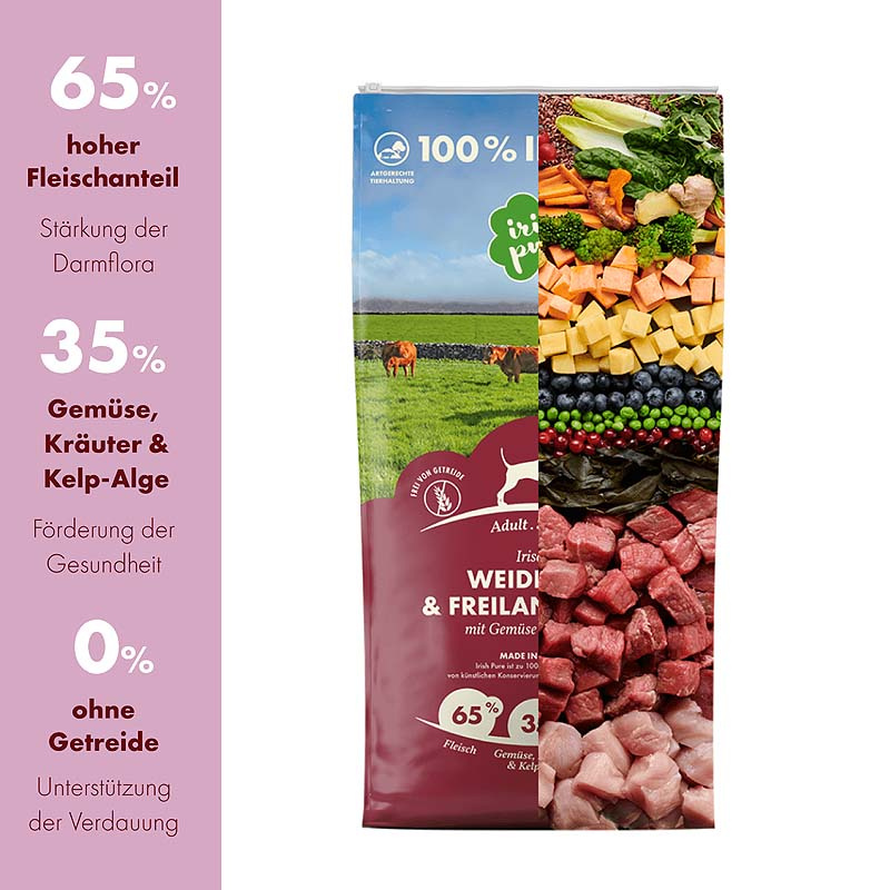 IRISH PURE Irisches Trockenfutter Weiderind & Freiland-Huhn mit Gemüse & Kelp-Alge ADULT