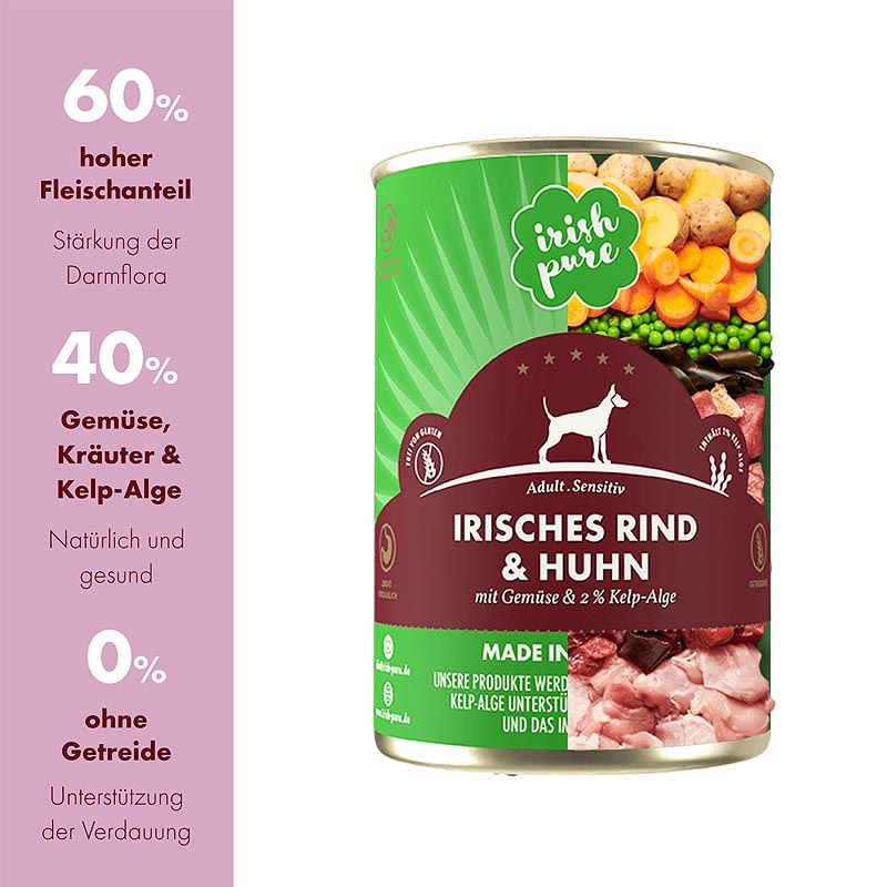 IRISH PURE Irisches Nassfutter Rind-Huhn mit Gemüse & Kelp-Alge ADULT